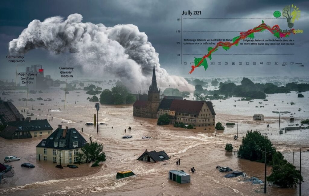 Aerial view of a town devastated by floodwaters, highlighting the extreme weather linked to natural gas disadvantages.