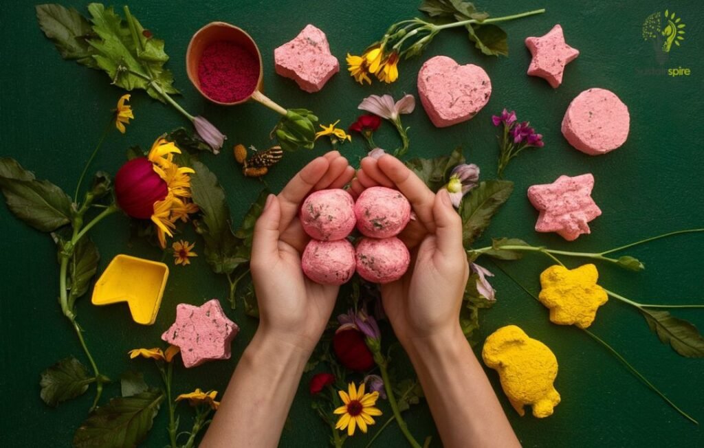 Hands holding pink flower seed balls surrounded by fun shapes and colors.