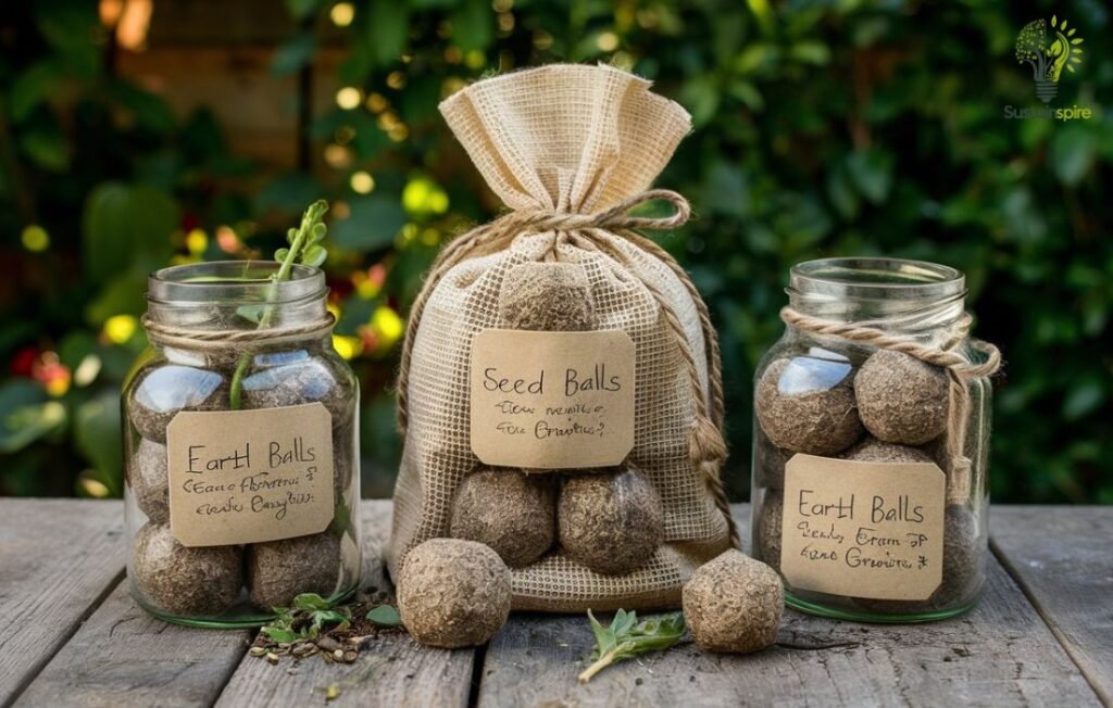 Seed balls packaged as gifts in jars and a burlap bag, spreading Gardening Joy.