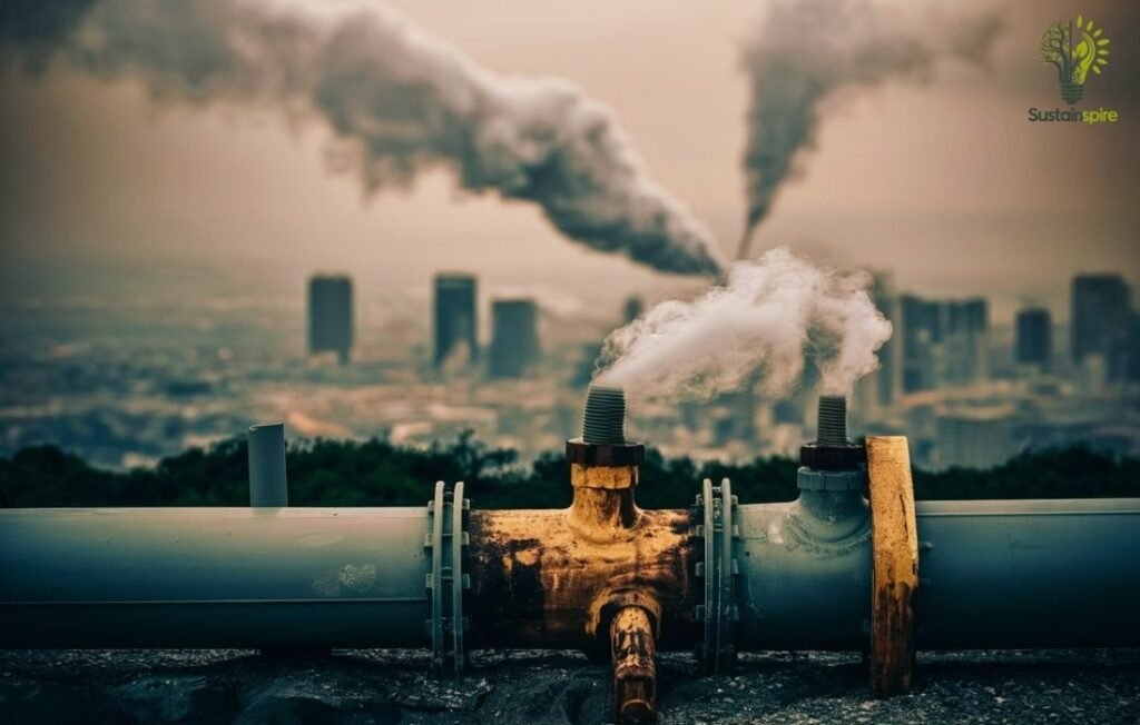 Rusty natural gas pipeline with smoke billowing in the background, highlighting the dangers of Gas Leaks and Explosions.