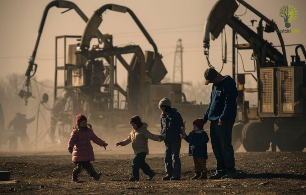 Children play near active natural gas extraction equipment, highlighting the potential health risks.