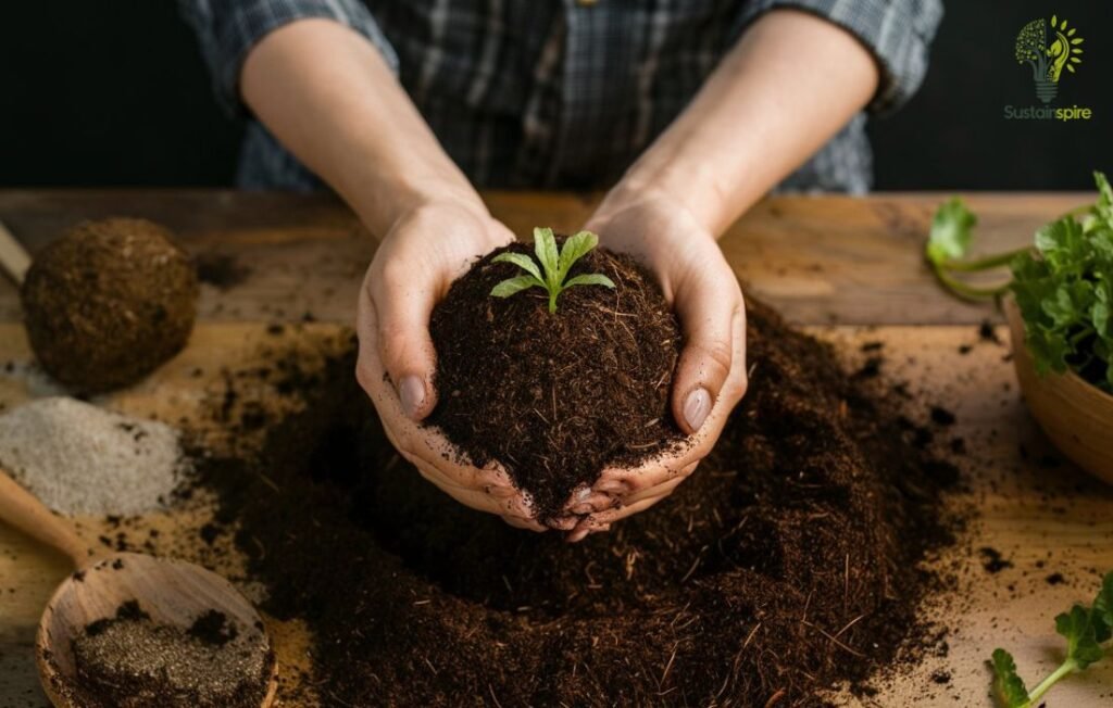 Hands holding rich Ideal Soil Mix with a small seedling growing from it.