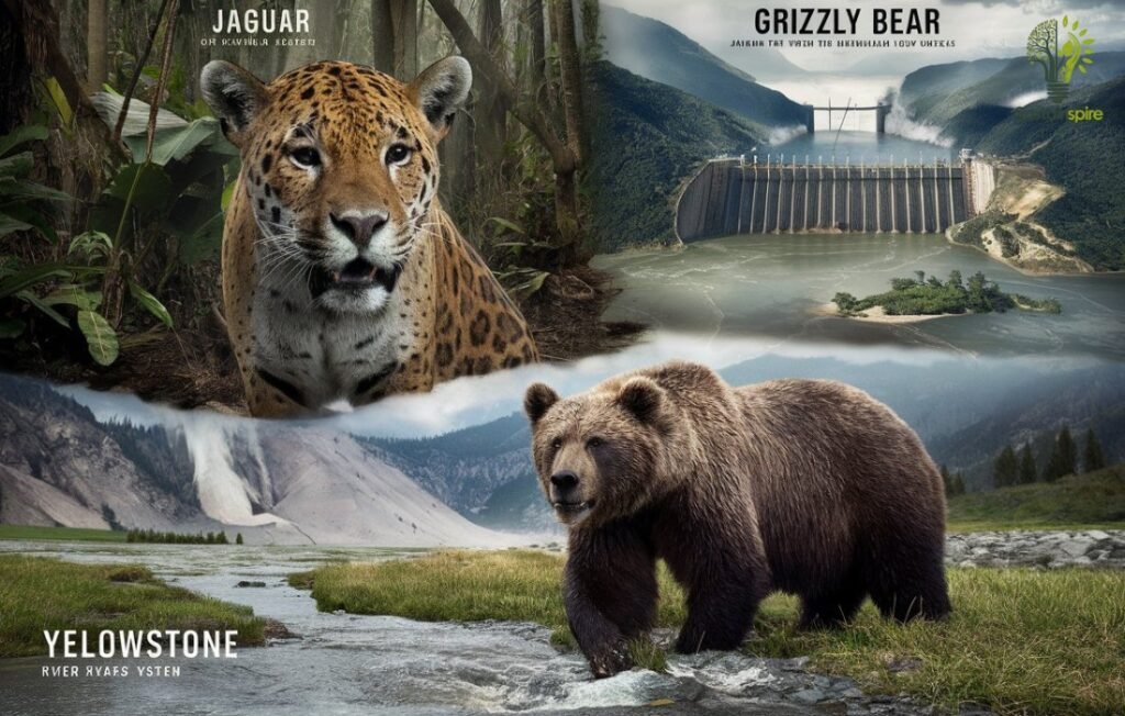 Jaguar, Grizzly Bear, and a hydroelectric dam, illustrating the impacts on wildlife.