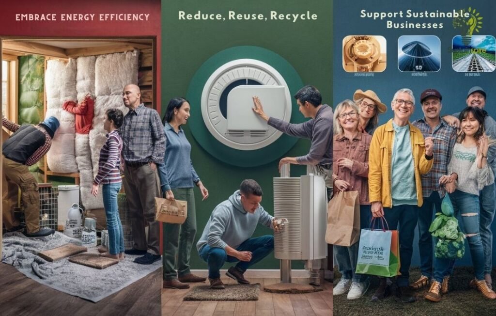 A triptych image depicting individual actions to combat the disadvantages of natural gas.