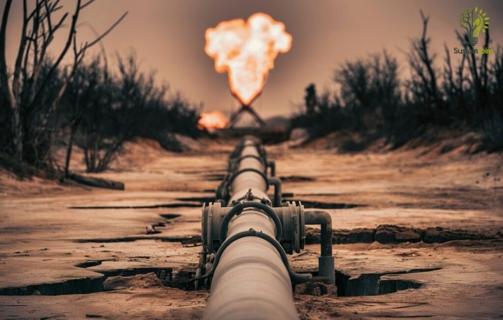 A cracked natural gas pipeline stretches towards a controlled gas flare in the distance, highlighting the risks of major pipeline accidents.