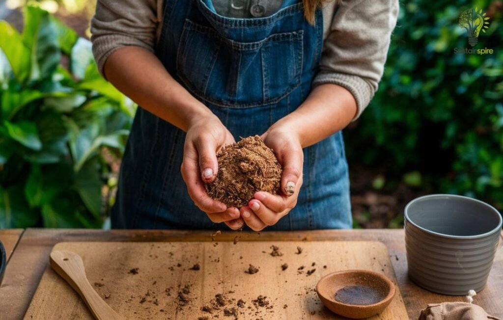 Hands cupping a mix of dry ingredients for seed balls, demonstrating the process of Mixing Ingredients.