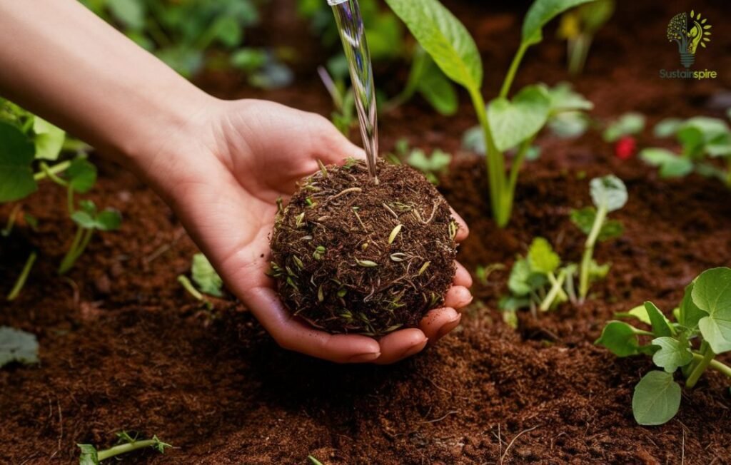 Hand holding a seed ball as water is poured onto it, demonstrating proper moisture balance.