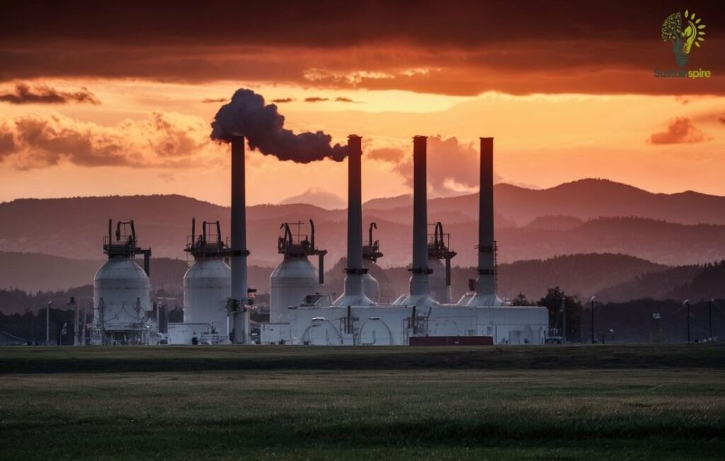 Natural gas processing plant emitting smoke, highlighting environmental impact.