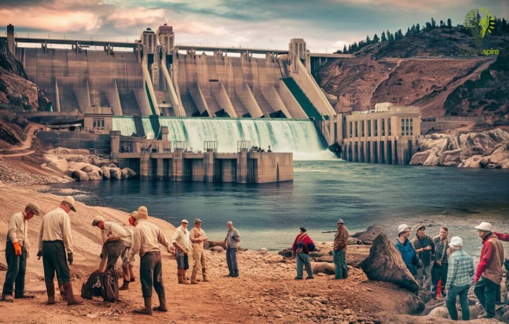 Workers gather at the base of a dam, representing powering communities through job creation.