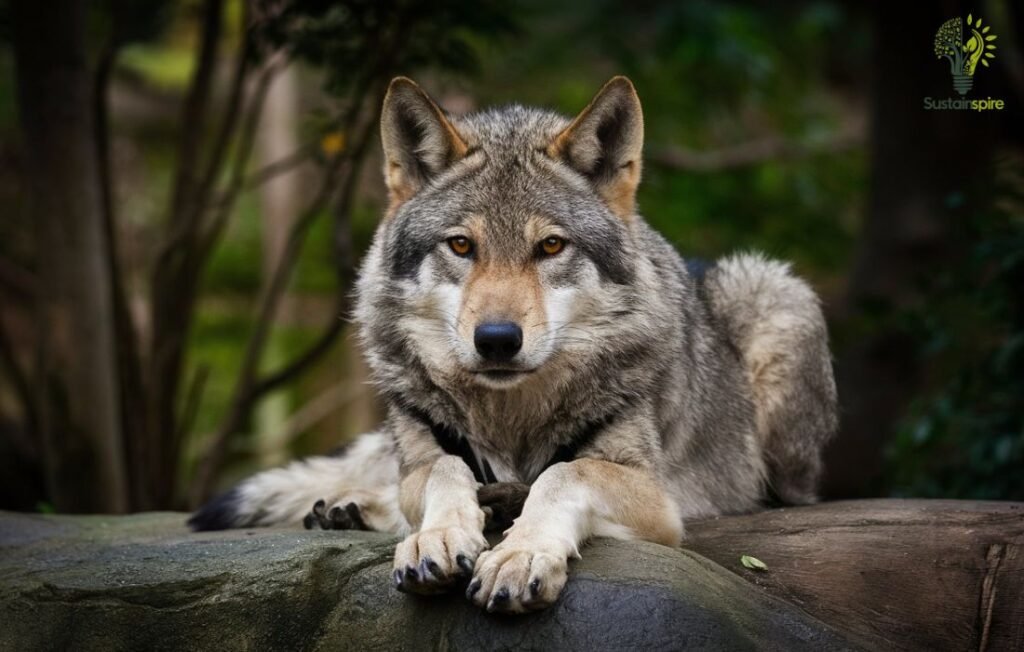 A captive wolf lying on a rock, highlighting the problem with captivity and raising the question: should zoos be banned?