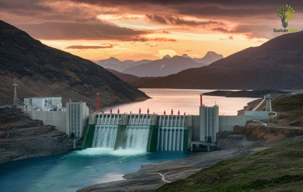 Water cascades through a Pumped Storage Facilities dam at sunset.