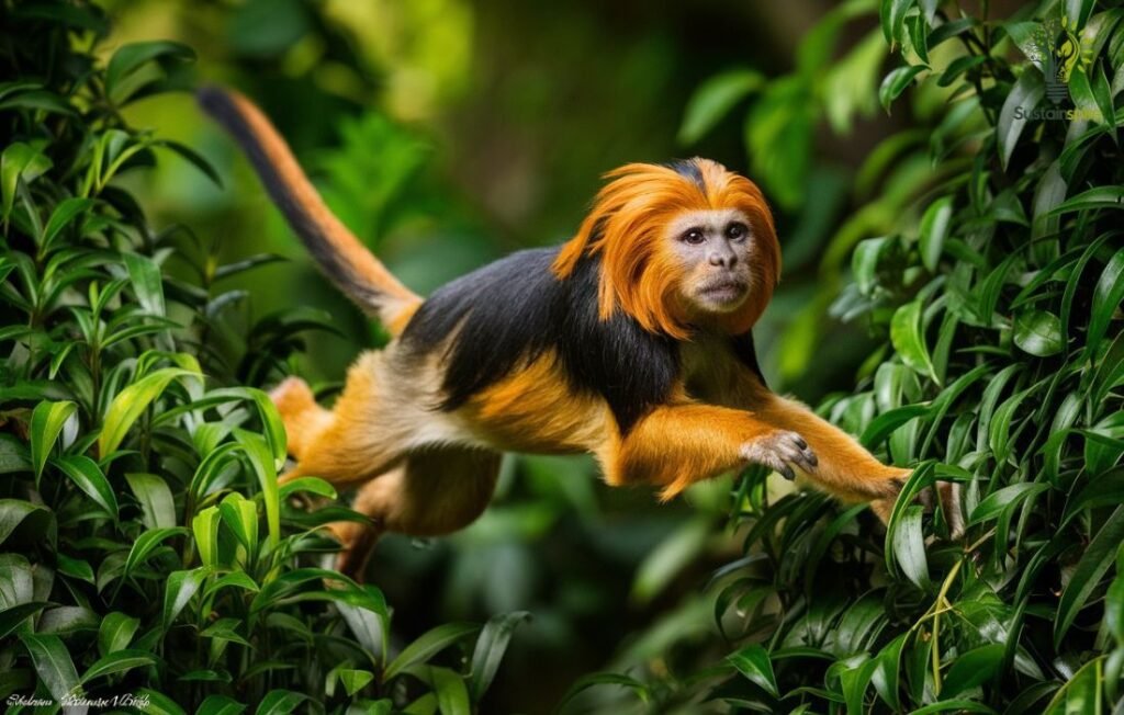 Golden lion tamarin leaping through lush greenery, highlighting the success of Reintroduction Programs.
