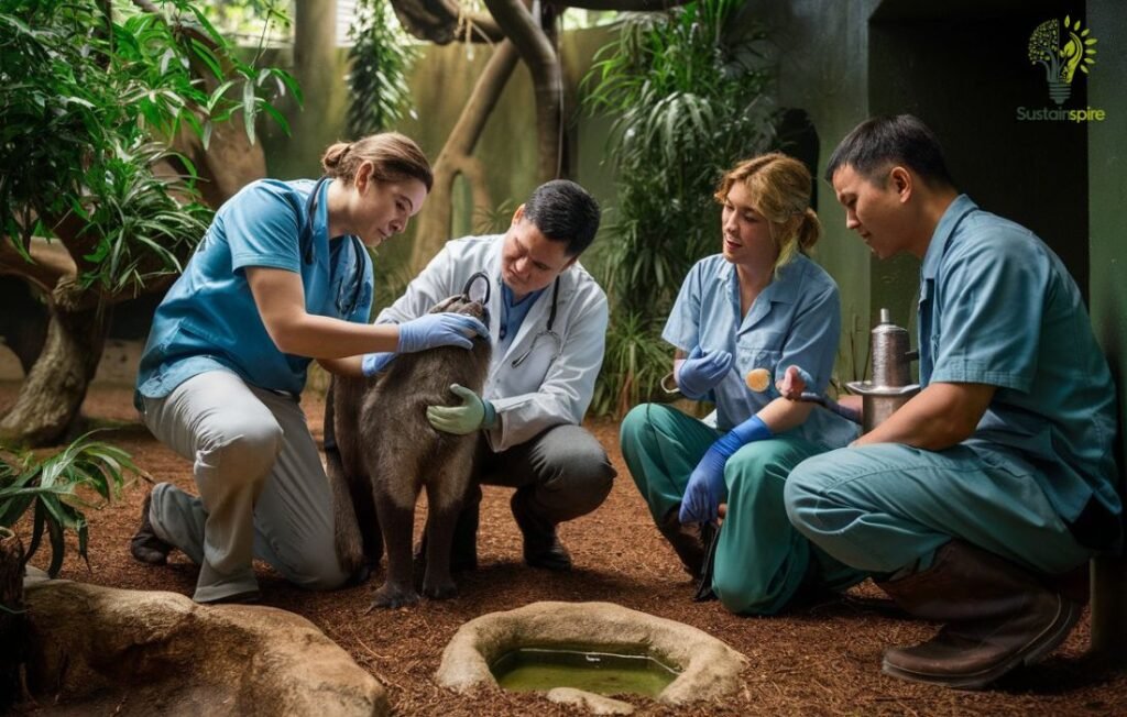 A team of zoo professionals provide Research and Animal Care to a binturong.