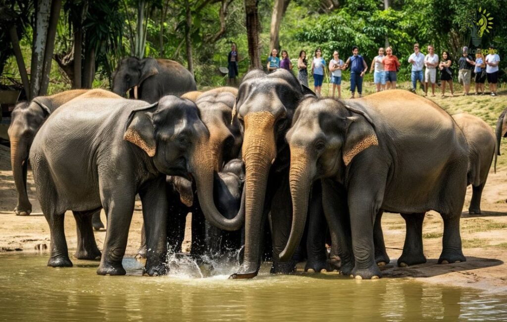 A herd of elephants bathes and socializes in a pond at a sanctuary, showcasing the benefits of sanctuaries and wildlife reserves.