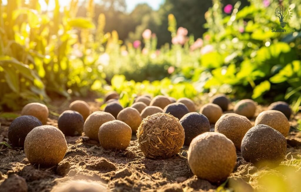 Seed bombs and sunlight in a garden.