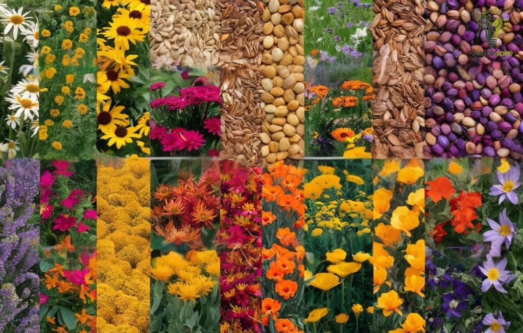 Seeds to Choose: Collage of flower and wildflower seeds and the plants they grow into.
