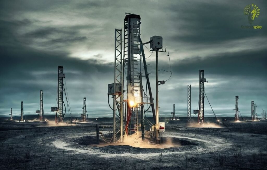 Fracking towers in a field, representing the link between natural gas extraction and increased seismic activity.