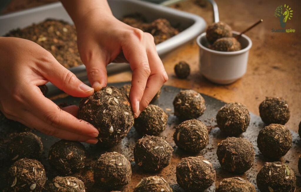 Hands shaping seed balls to perfection.