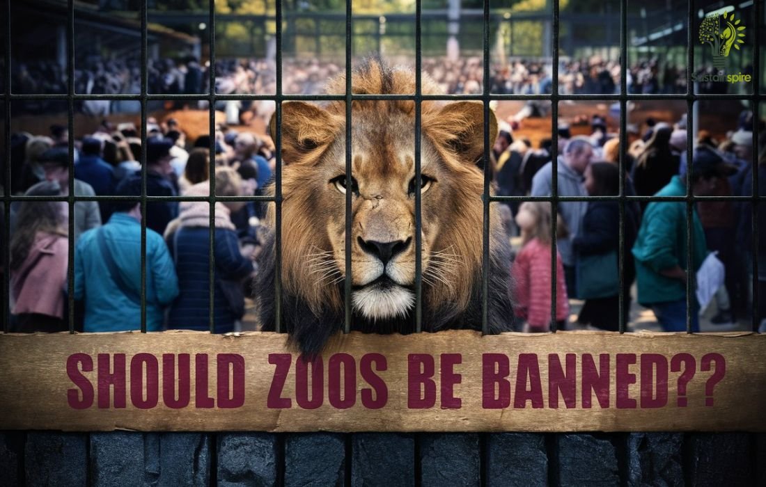 A lion stares intently through zoo bars at a crowd of onlookers. Should zoos be banned?