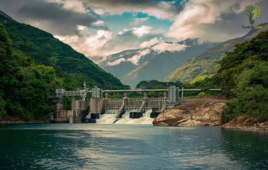Sustainable Hydropower dam generating electricity from a river.