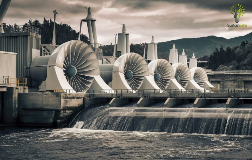 Technological Advancements in hydroelectric turbines at a power plant.
