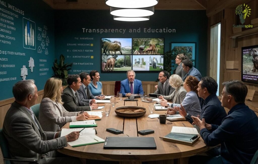 A boardroom meeting discussing transparency and education in zoos.