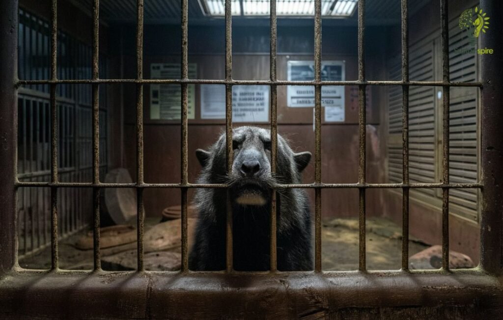 A sad bear confined to a small, barren cage in a zoo, highlighting the unethical activities present in some zoological facilities.