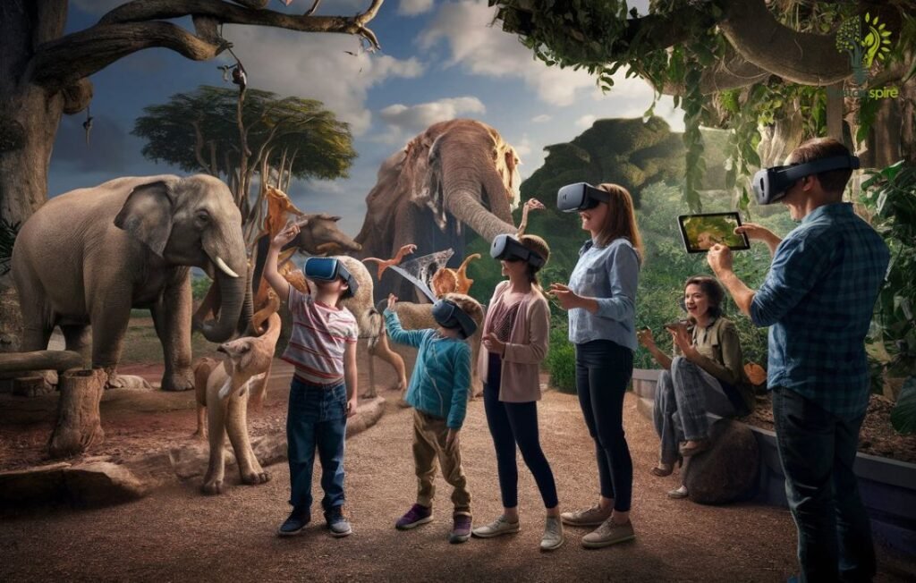 Family wearing VR headsets experiencing exhibit of Virtual Zoos.