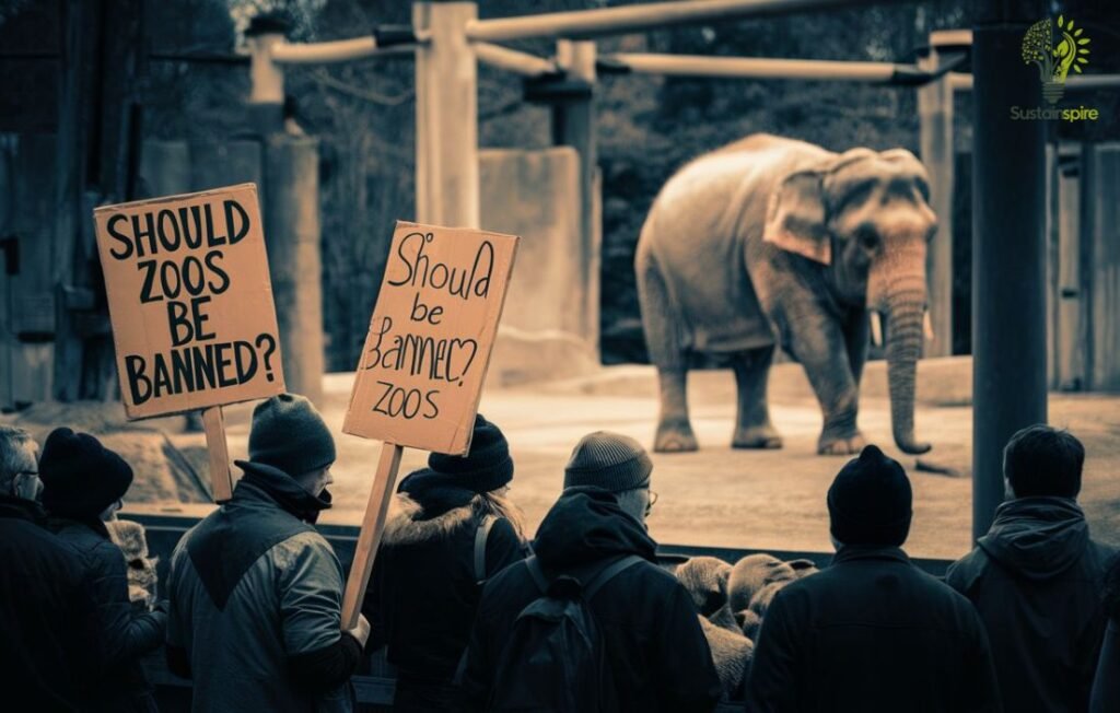 Protesters at a zoo hold signs demanding Zoos Should Be Banned in front of an elephant enclosure.