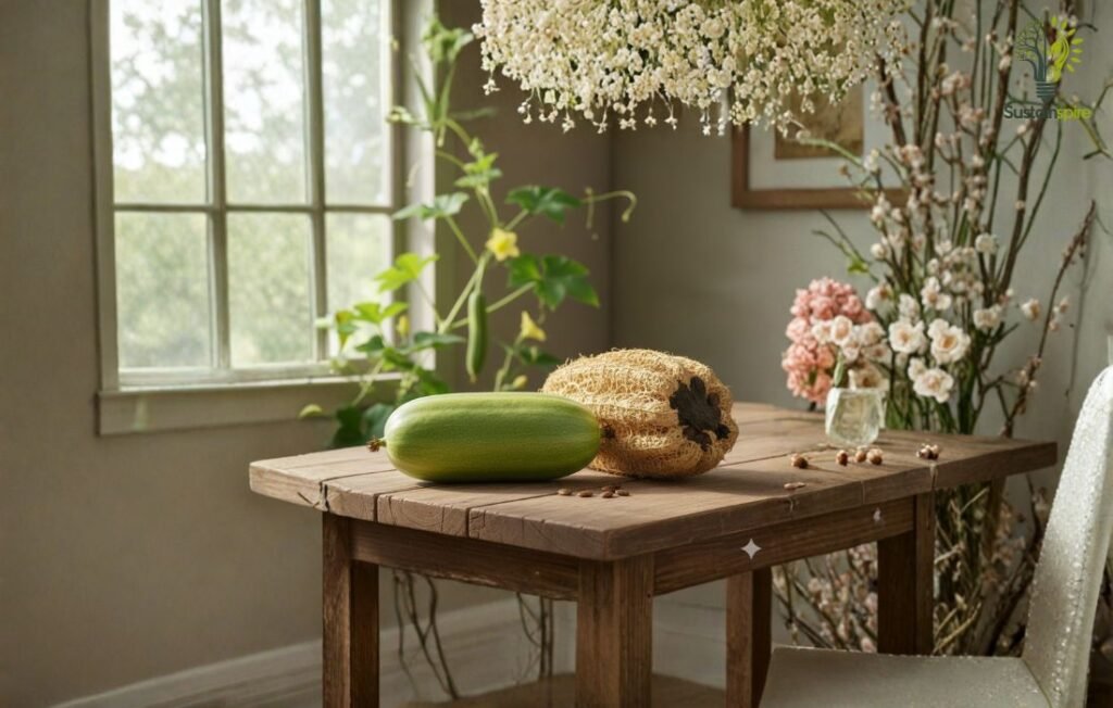 A fresh green vegetable and a dried loofah sit on a wooden table.