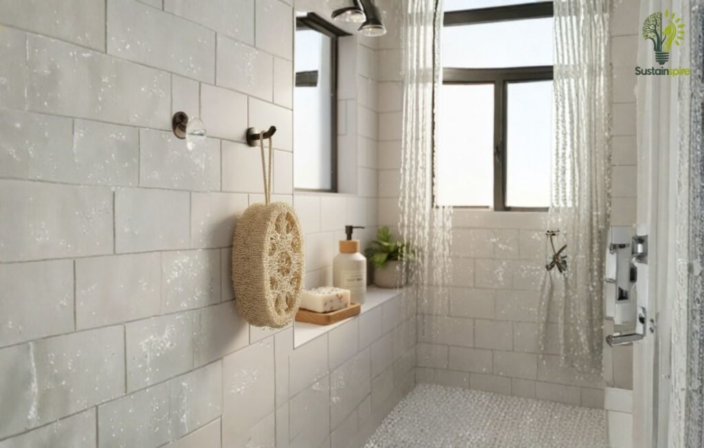 A natural loofah-sponge hanging on a hook in a modern shower.