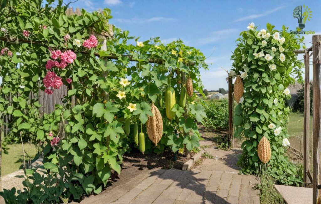 A garden path leading through a trellis covered in lush green vines, bearing luffa-gourd fruits and yellow flowers, with a column of white-flowered vines on the right.